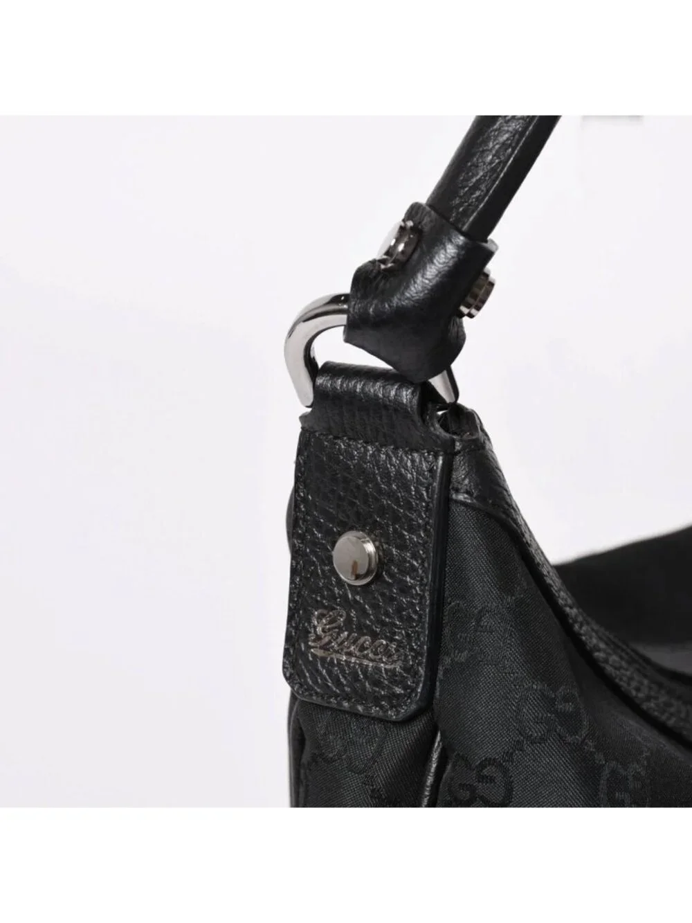Gucci Hobo Handbag GG Canvas Leather Black Silver
